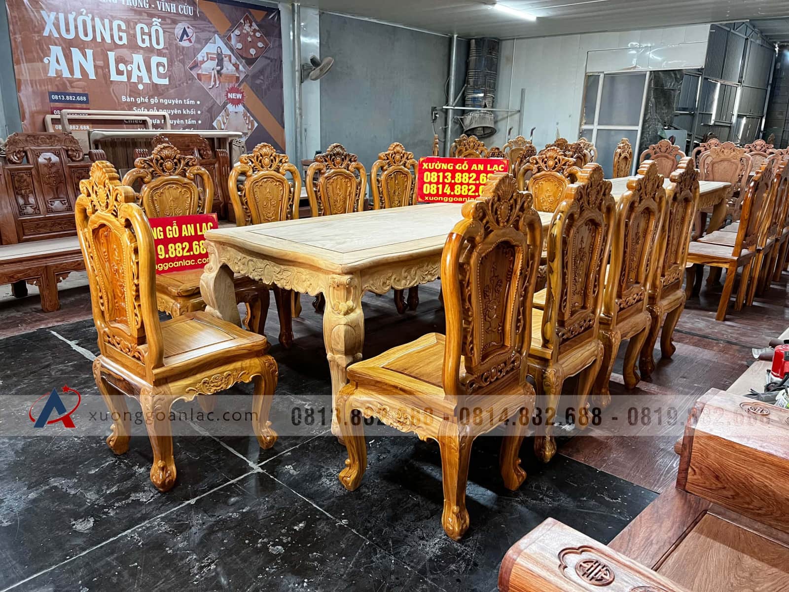 Bộ bàn ăn hoàng gia 10 ghế hồng hạt đục hai mặt gỗ gõ đỏ cao cấp hàng mộc (Anh Thuyết, Hà Nội) 44 bộ bàn ghế ăn đẹp gỗ gõ đỏ tự nhiên cao cấp