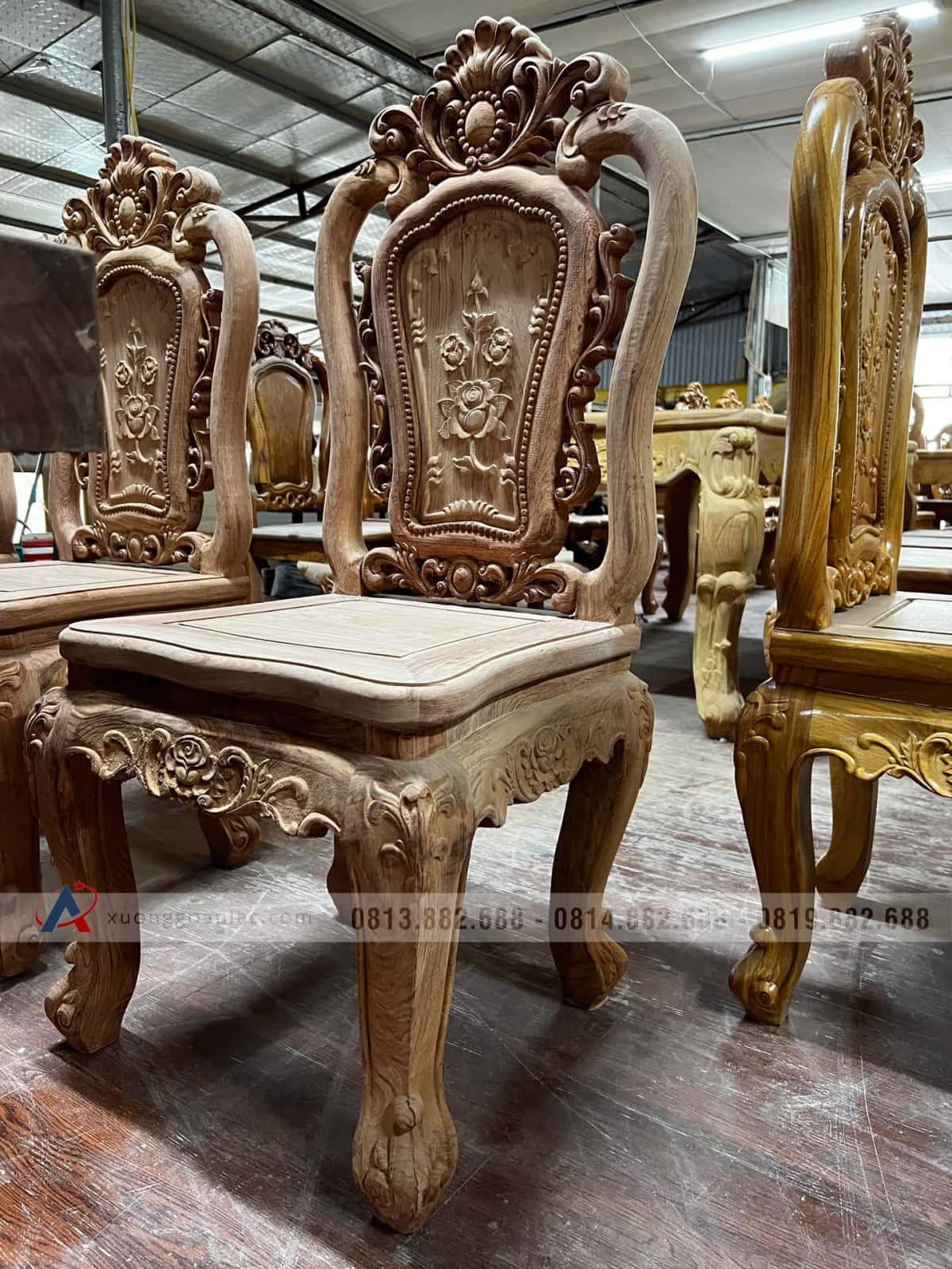 Bộ bàn ăn nguyên khối 6 ghế hồng hạt gỗ hương đá nguyên mộc 7 ghế ăn gỗ gõ đỏ đẹp