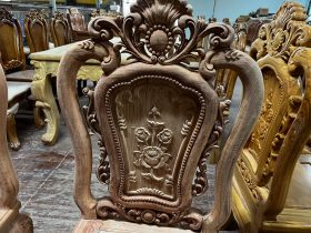 Bộ bàn ăn nguyên khối 6 ghế hồng hạt gỗ hương đá nguyên mộc 22 ghế ăn gỗ hương đá vip mẫu hồng hạt đục hai mặt