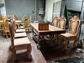 Bộ bàn ăn nguyên khối 6 ghế hồng hạt gỗ hương đá nguyên mộc 13 mộc thô bộ bàn ăn nguyên khối 6 ghế louis hồng hạt cao cấp