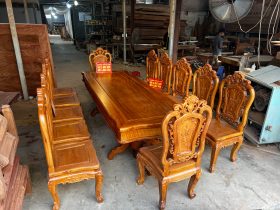Bàn ăn chữ nhật 12 ghế hồng hạt gỗ gõ đỏ cao cấp
