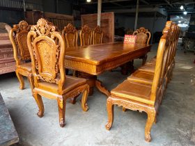 Bộ bàn ăn chữ nhật 12 ghế hồng hạt gỗ gõ đỏ cao cấp cực sang 24 bàn ăn 12 ghế gỗ gõ đỏ cao cấp