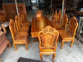Bàn ăn chữ nhật đục sen dẹo và 10 ghế louis hoa hồng gỗ gõ đỏ