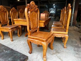 Bộ bàn ăn chữ nhật đục sen dẹo và 10 ghế louis hoa hồng gỗ gõ đỏ (Anh Khiêm, Quảng Bình) 26 Ban an chu nhat duc sen deo va 10 ghe louis hoa hong go go do 10