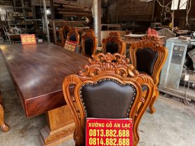 Bộ bàn ăn gõ đỏ nguyên khối và 8 ghế louis bọc da (Anh Toàn, Bắc Giang) 18 ghế louis hoa lá tây