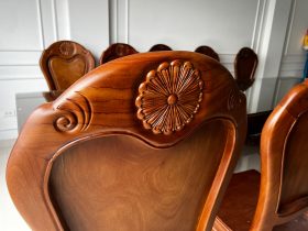 Bộ bàn ăn nguyên khối 10 ghế hoa cúc gỗ gõ đỏ siêu vip (Chị Bích Thủy, Hà Đông) 29 ghế ăn hoa cúc đục 2 mặt