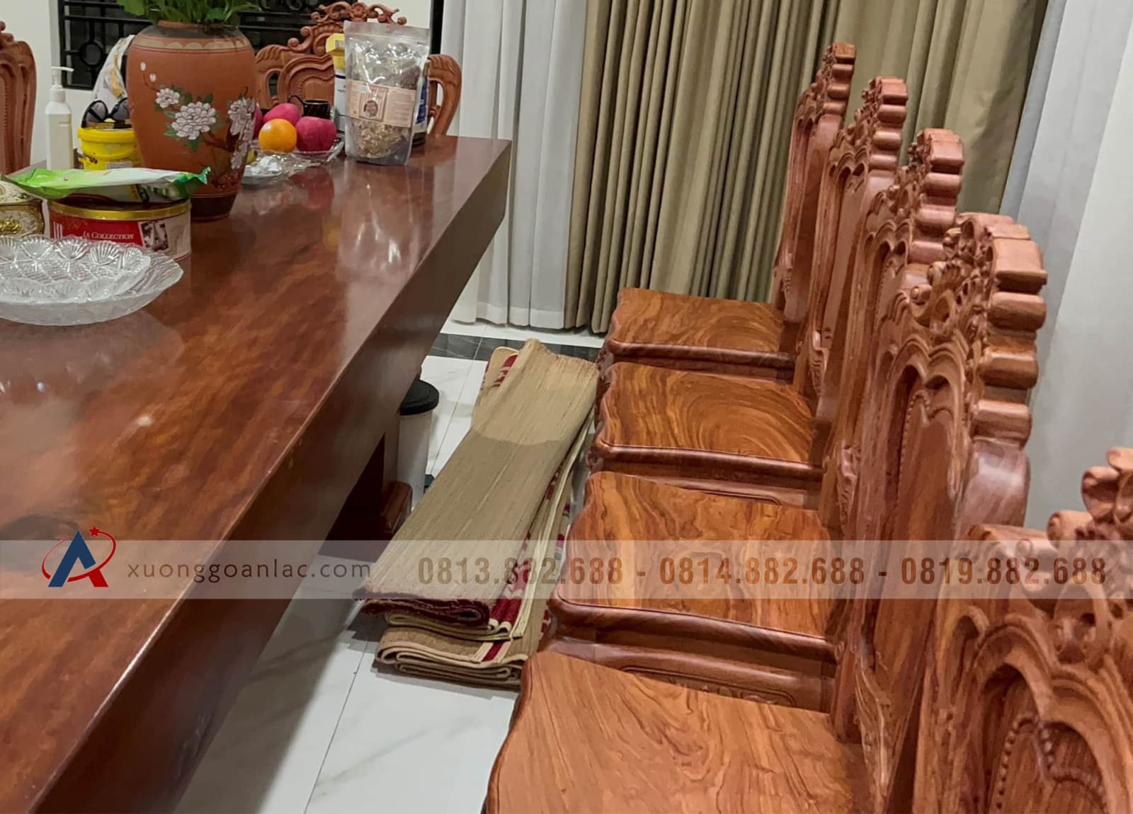 Bộ bàn ăn nguyên khối gỗ hương đá 12 ghế Louis hoàng gia (Cô Hà, Hà Nội) 41 bàn ăn 12 ghế gỗ hương đá tự nhiên cao cấp