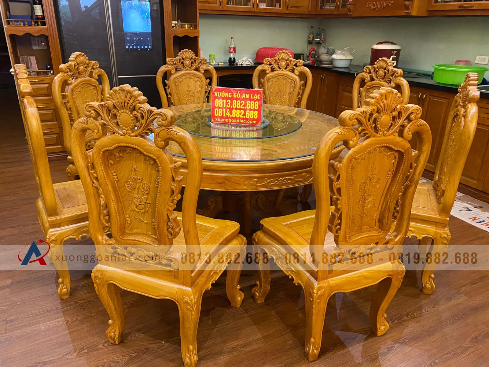 Bộ bàn ăn tròn khung ván và 8 ghế hồng hạt gỗ gõ đỏ cao cấp (Anh Bảo, Hà Nội) 22 bộ bàn ăn 8 ghế gỗ gõ đỏ cao cấp