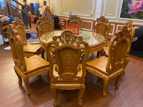 Bàn ăn tròn khung ván và 8 ghế hồng hạt gỗ gõ đỏ cao cấp