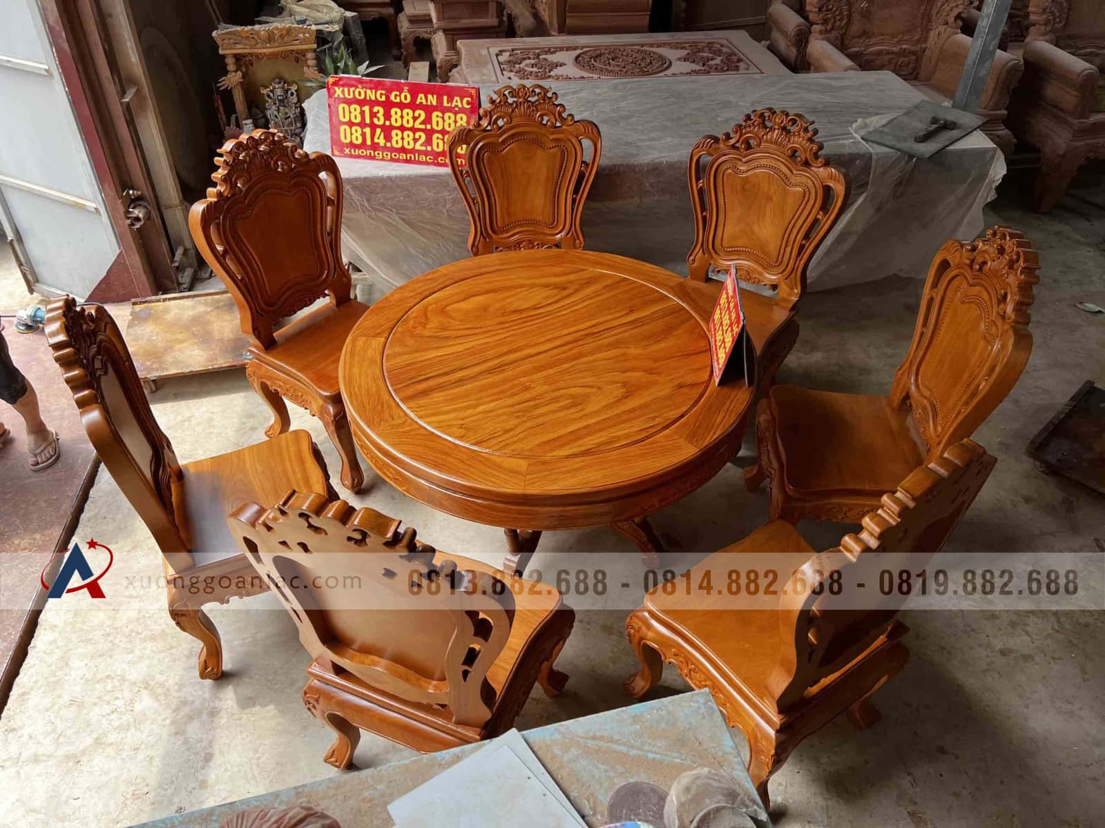 Bộ bàn ăn tròn đường kính 1m17 và 6 ghế gỗ louis gõ đỏ cao cấp (Anh Lĩnh, Bắc Giang) 23 bàn ăn tròn gỗ gõ đỏ đẳng cấp