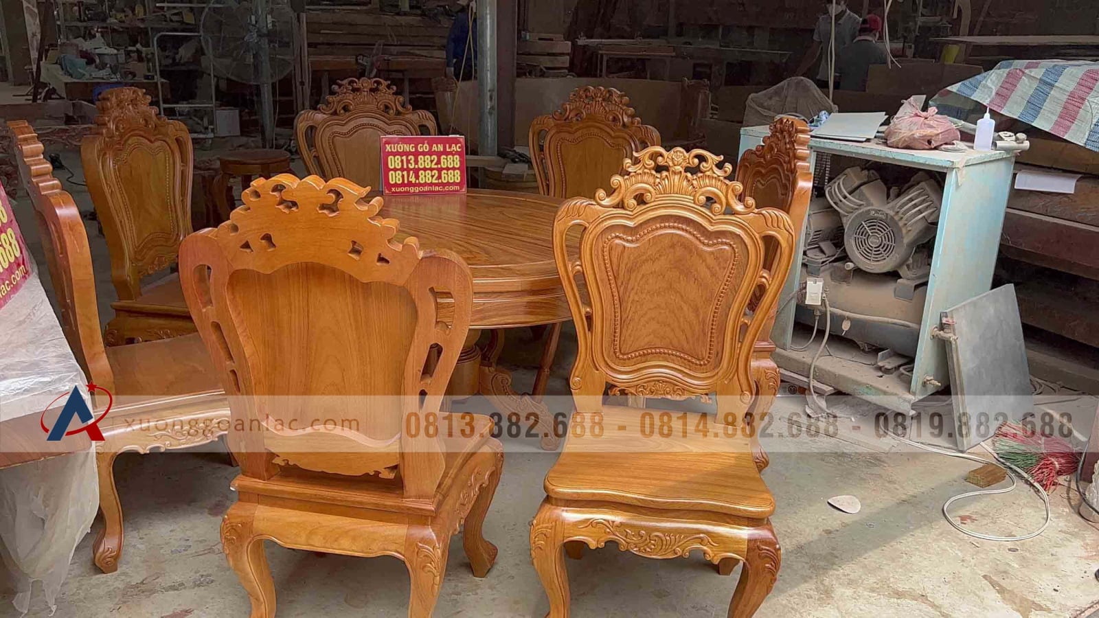 Bộ bàn ăn tròn đường kính 1m17 và 6 ghế gỗ louis gõ đỏ cao cấp (Anh Lĩnh, Bắc Giang) 21 ghế ăn louis hoa lá tây gỗ gõ đỏ