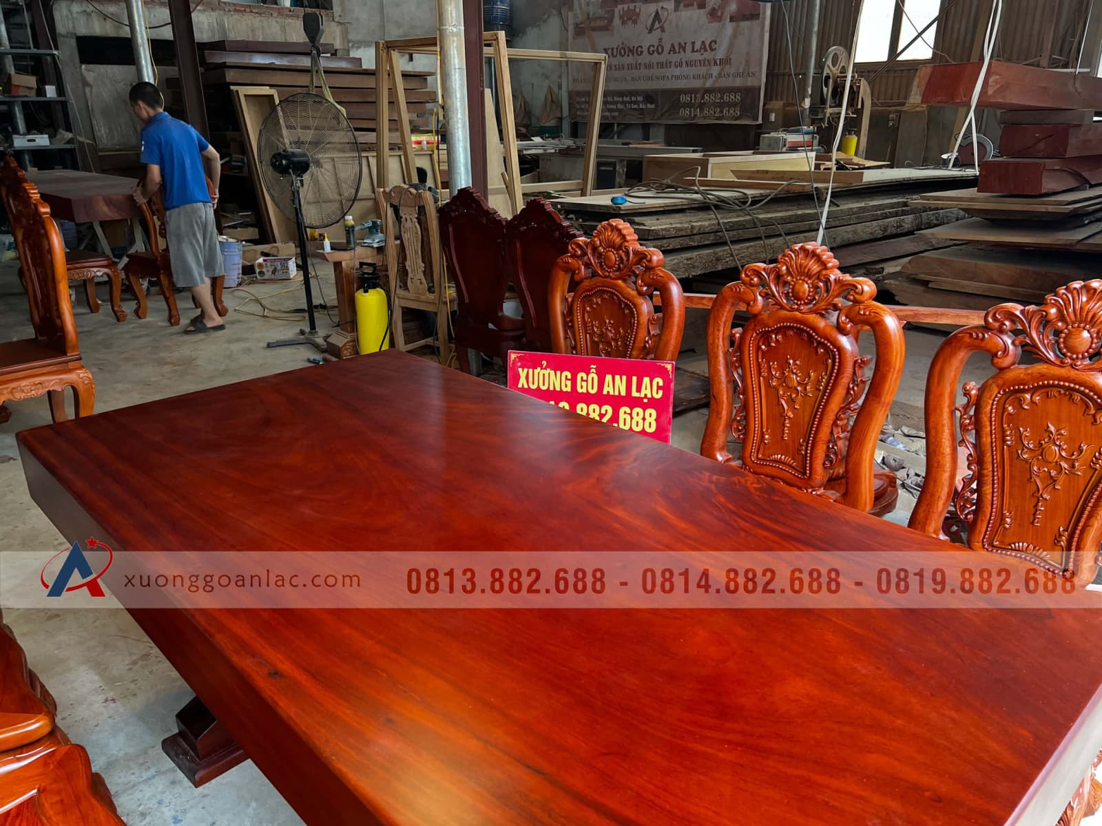 Bộ bàn ăn gỗ gõ đỏ 180x90x16cm và 6 ghế louis hồng hạt gỗ hương đá (Anh Thành, Tuyên Quang) 17 bàn ăn nguyên khối gỗ gõ đỏ