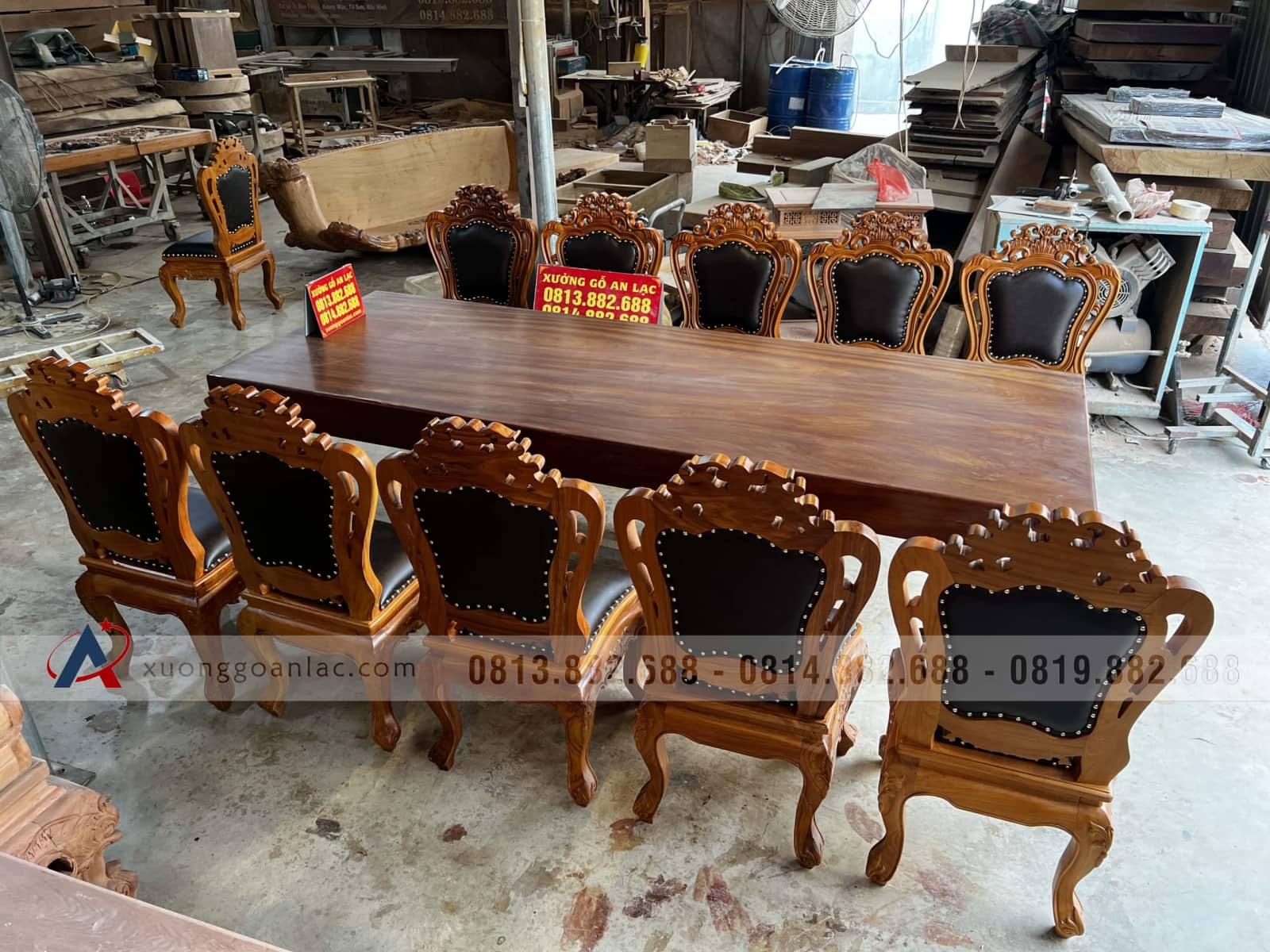 Bộ bàn ăn nguyên khối 270x90x15cm và 10 ghế louis gỗ gõ đỏ bọc đệm da (Anh Phú, Thanh Hóa) 5 Bộ bàn ăn nguyên khối 270x90x15cm và 10 ghế louis gỗ gõ đỏ bọc đệm da (Anh Phú, Thanh Hóa) - Ảnh 5