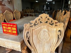 Bộ bàn ăn chữ nhật chân sư tử và 8 ghế louis hoa lá tây có tay gỗ gõ đỏ cao cấp nguyên mộc 29 ghế ăn louis gỗ gõ