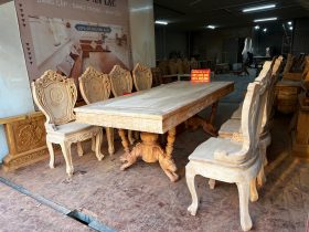 Nguyên mộc bộ bàn ghế ăn 8 ghế louis hoa lá tây gỗ gõ đỏ
