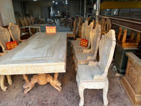 Bộ bàn ăn chữ nhật chân sư tử và 8 ghế louis hoa lá tây có tay gỗ gõ đỏ cao cấp nguyên mộc 22 Nguyen moc bo ban ghe an 8 ghe louis hoa la tay go go do 4