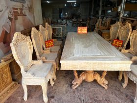 Bộ bàn ăn chữ nhật chân sư tử và 8 ghế louis hoa lá tây có tay gỗ gõ đỏ cao cấp nguyên mộc 23 bàn ăn 8 ghế gỗ gõ đỏ đẳng cấp