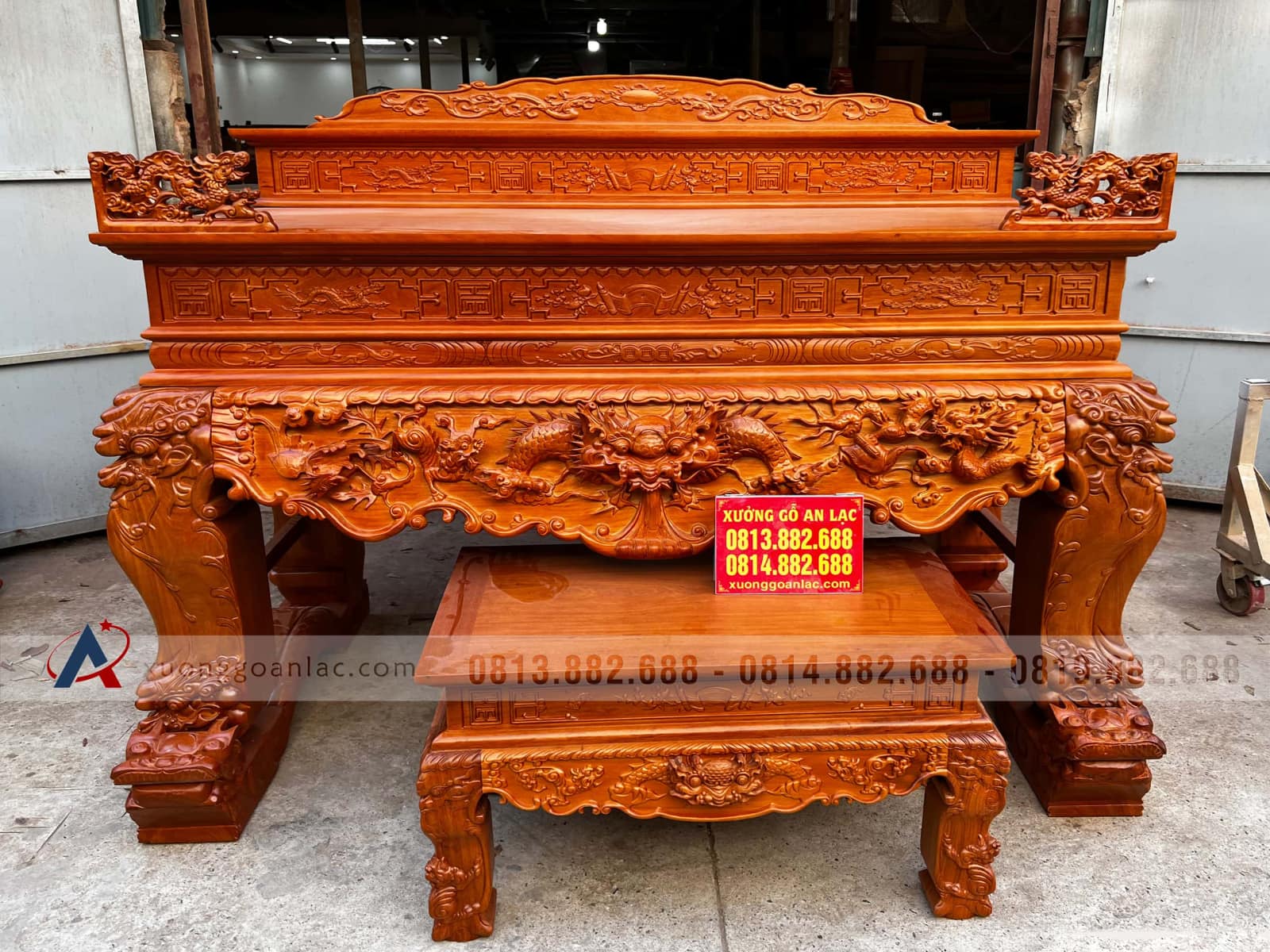 Sập thờ Tứ Linh chân 24 gỗ gõ đỏ bàn giao Nghệ An 24 Sập thờ Tứ Linh 2m17 chân 24 gỗ gõ đỏ