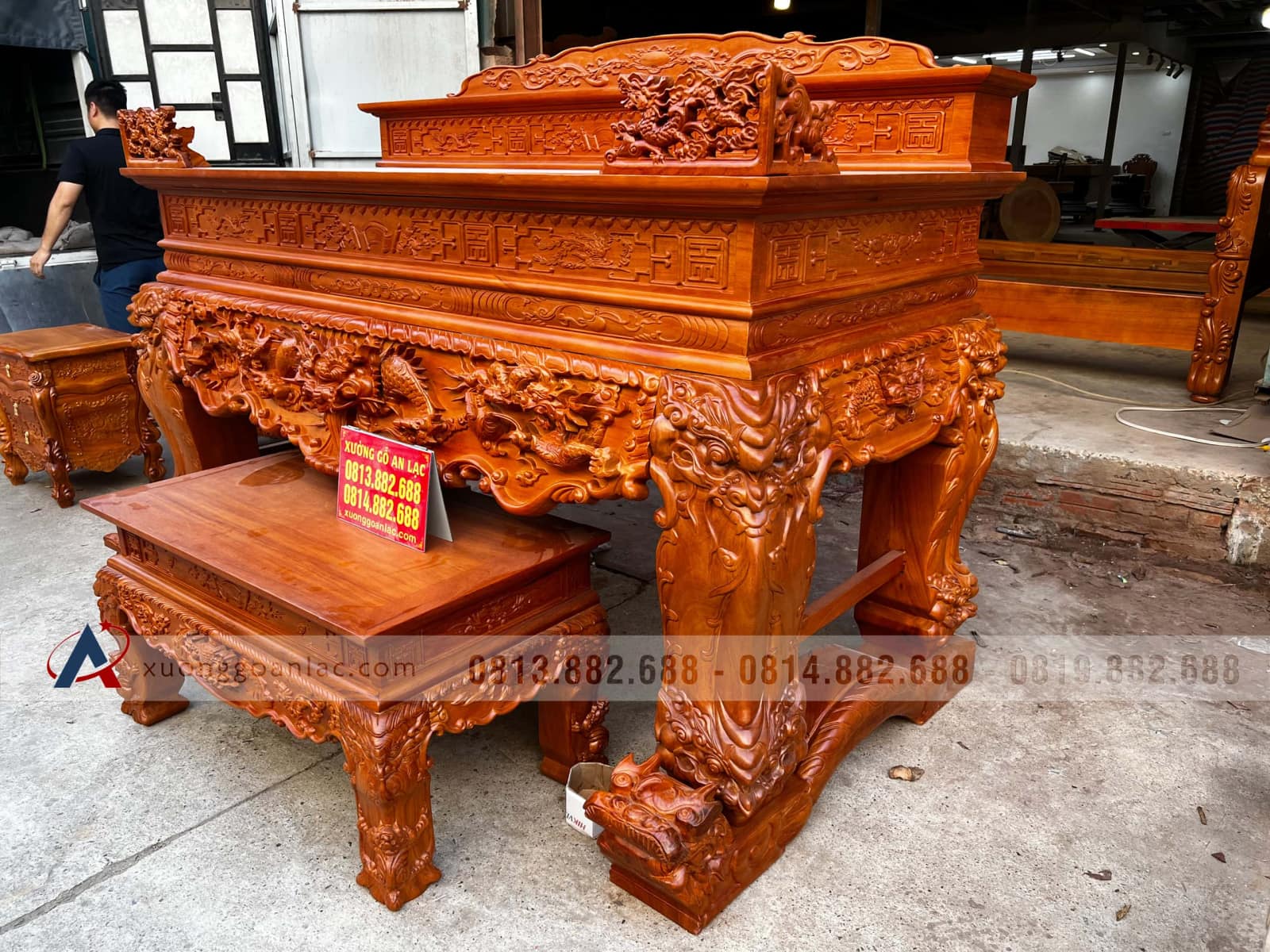 Sập thờ Tứ Linh chân 24 gỗ gõ đỏ bàn giao Nghệ An 33 sập thờ tứ linh 2m17 gỗ gõ đỏ cớ đại