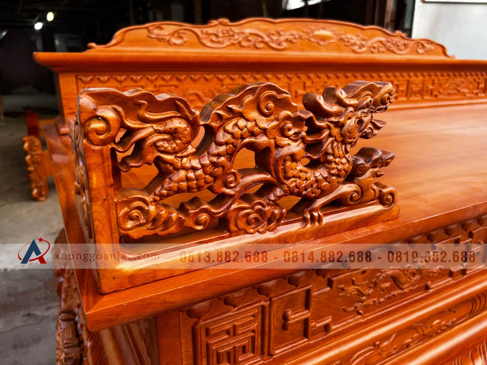 Sập thờ Tứ Linh chân 24 gỗ gõ đỏ bàn giao Nghệ An 29 sập thờ nhị cấp đục tứ linh gỗ gõ đỏ