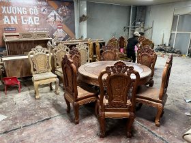 Bộ bàn ăn tròn khung 4 ván 2 và 8 ghế hồng hạt gỗ hương đá cao cấp (Anh Hải Lý, Thái Nguyên) 32 ban an huong da 8 ghe khung 4 van 2 14