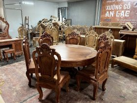 Bộ bàn ăn tròn khung 4 ván 2 và 8 ghế hồng hạt gỗ hương đá cao cấp (Anh Hải Lý, Thái Nguyên) 33 ban an huong da 8 ghe khung 4 van 2 15