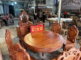 Bộ bàn ăn tròn khung 4 ván 2 và 8 ghế hồng hạt gỗ hương đá cao cấp (Anh Hải Lý, Thái Nguyên) 21 bàn ghế ăn gỗ hương đá mẫu hoàng gia cao cấp