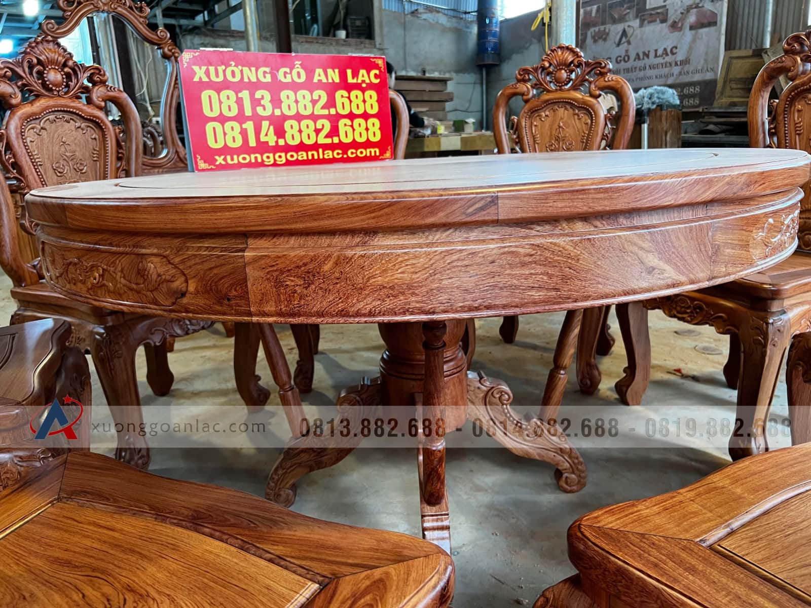 Bộ bàn ăn tròn khung 4 ván 2 và 8 ghế hồng hạt gỗ hương đá cao cấp (Anh Hải Lý, Thái Nguyên) 38 bàn ăn tròn gỗ hương đá cao cấp