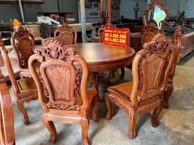Bộ bàn ăn tròn khung 4 ván 2 và 8 ghế hồng hạt gỗ hương đá cao cấp (Anh Hải Lý, Thái Nguyên) 23 bàn ăn gỗ hương đá và 8 ghế hồng hạt