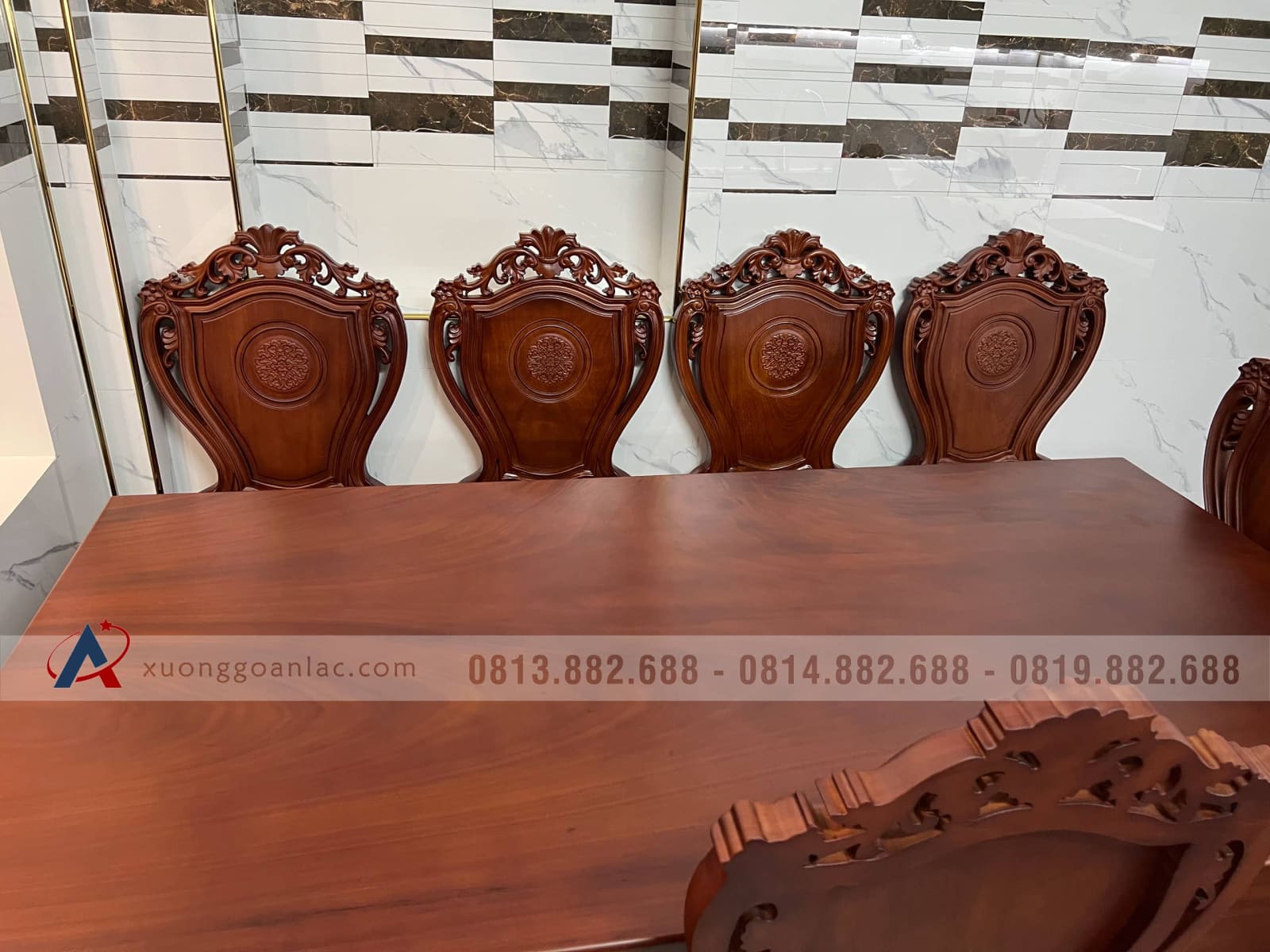 Bộ bàn ăn nguyên khối 8 ghế gỗ gõ đỏ 180x90x16cm (Chị Thủy, Hà Nội) 29 bàn ăn gỗ gõ đỏ nguyên khối dày 16cm đẳng cấp