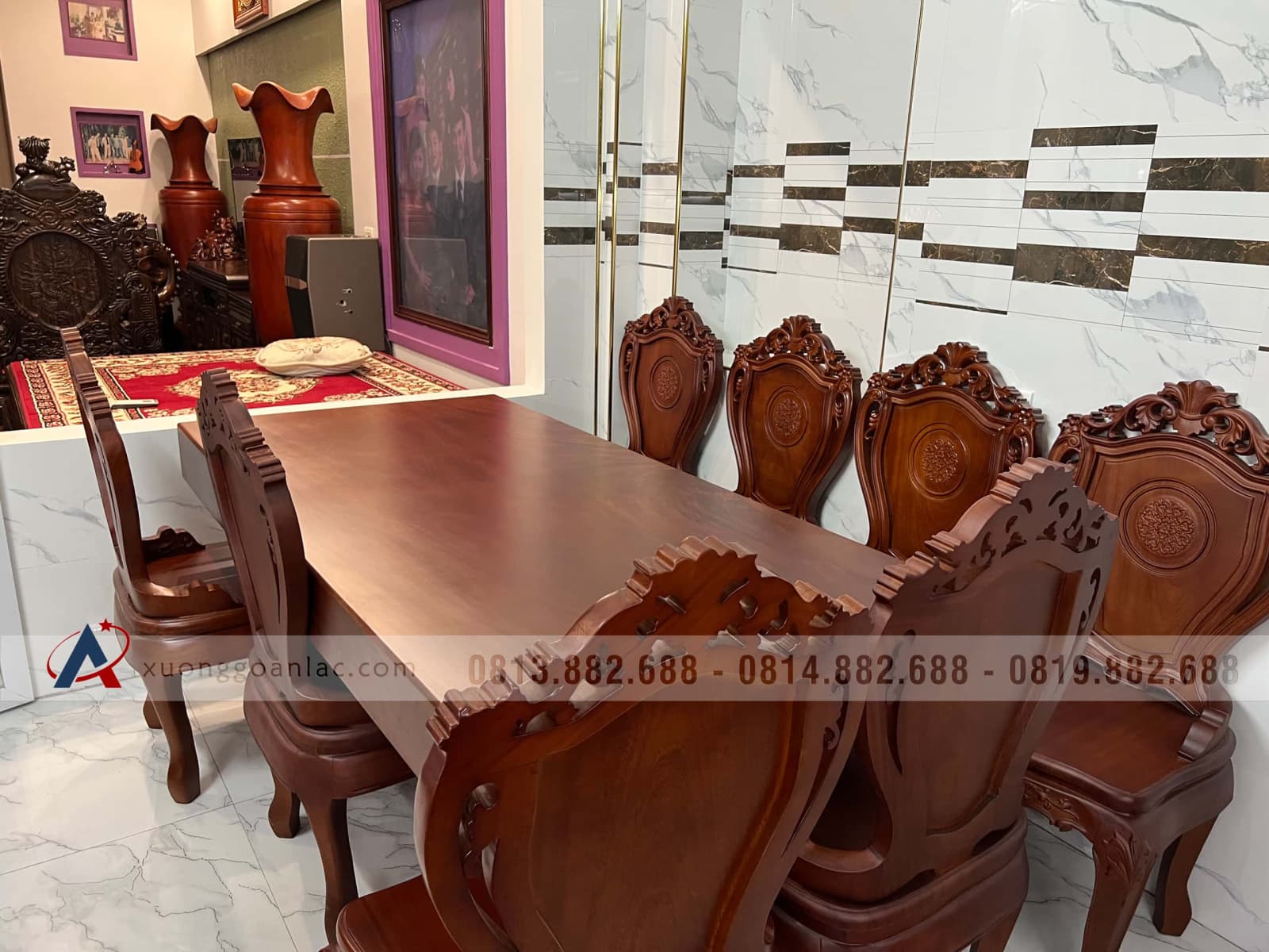 Bộ bàn ăn nguyên khối 8 ghế gỗ gõ đỏ 180x90x16cm (Chị Thủy, Hà Nội) 30 bàn ăn chữ nhật gỗ gõ đỏ nguyên khối nguyên tấm dày 16cm,