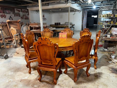 bàn ăn tròn gõ đỏ 1m37 và 8 ghế louis