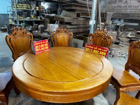 Bộ bàn ăn tròn gõ đỏ 1m37 và 8 ghế louis hoa lá tây (Anh Quyết, Lâm Đồng) 18 bàn ăn tròn gỗ gõ đỏ cao cấp