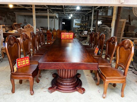 bộ bàn ăn nguyên khối 360x112x15cm và 10 ghế hoa cúc