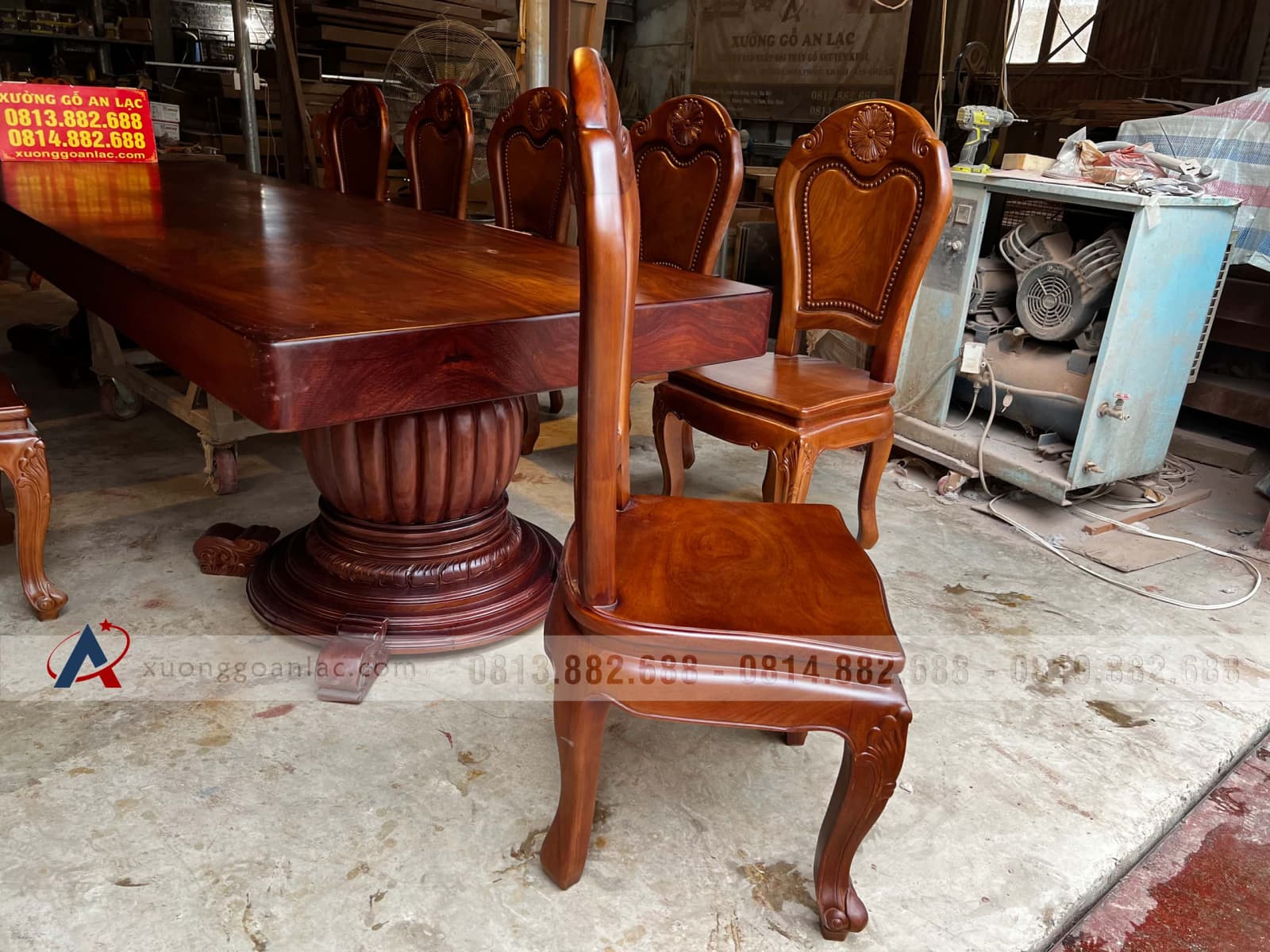 Bộ bàn ăn nguyên khối 360x112x15cm và 10 ghế hoa cúc (Anh Bình, Hải Phòng) 13 ghế lưng cao không tay