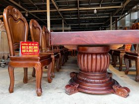 Bộ bàn ăn nguyên khối 360x112x15cm và 10 ghế hoa cúc (Anh Bình, Hải Phòng) 20 bàn ăn nguyên khối gỗ gõ đỏ cao cấp
