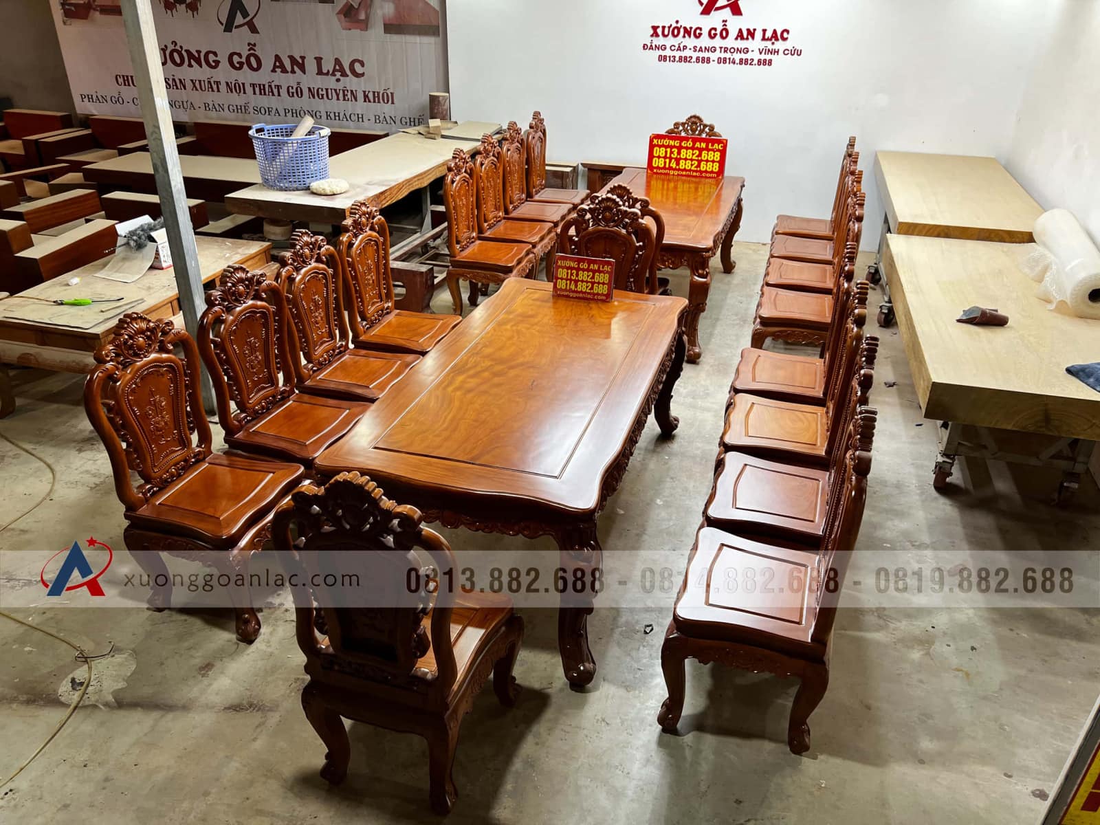 2 bộ bàn ăn gõ đỏ louis hoàng gia 10 ghế hồng hạt (Anh Thuyết, Hà Nội) 50 Bộ bàn ăn hoàng gia gỗ gõ đỏ cao cấp