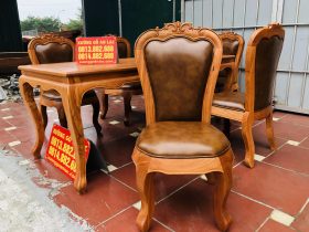 Bộ bàn ăn louis 5 ghế gõ đỏ bọc đệm da bò nhập khẩu Italia (Anh Hải, Ninh Bình) 41 bàn ghế ăn mẫu louis hoàng gia cao cấp
