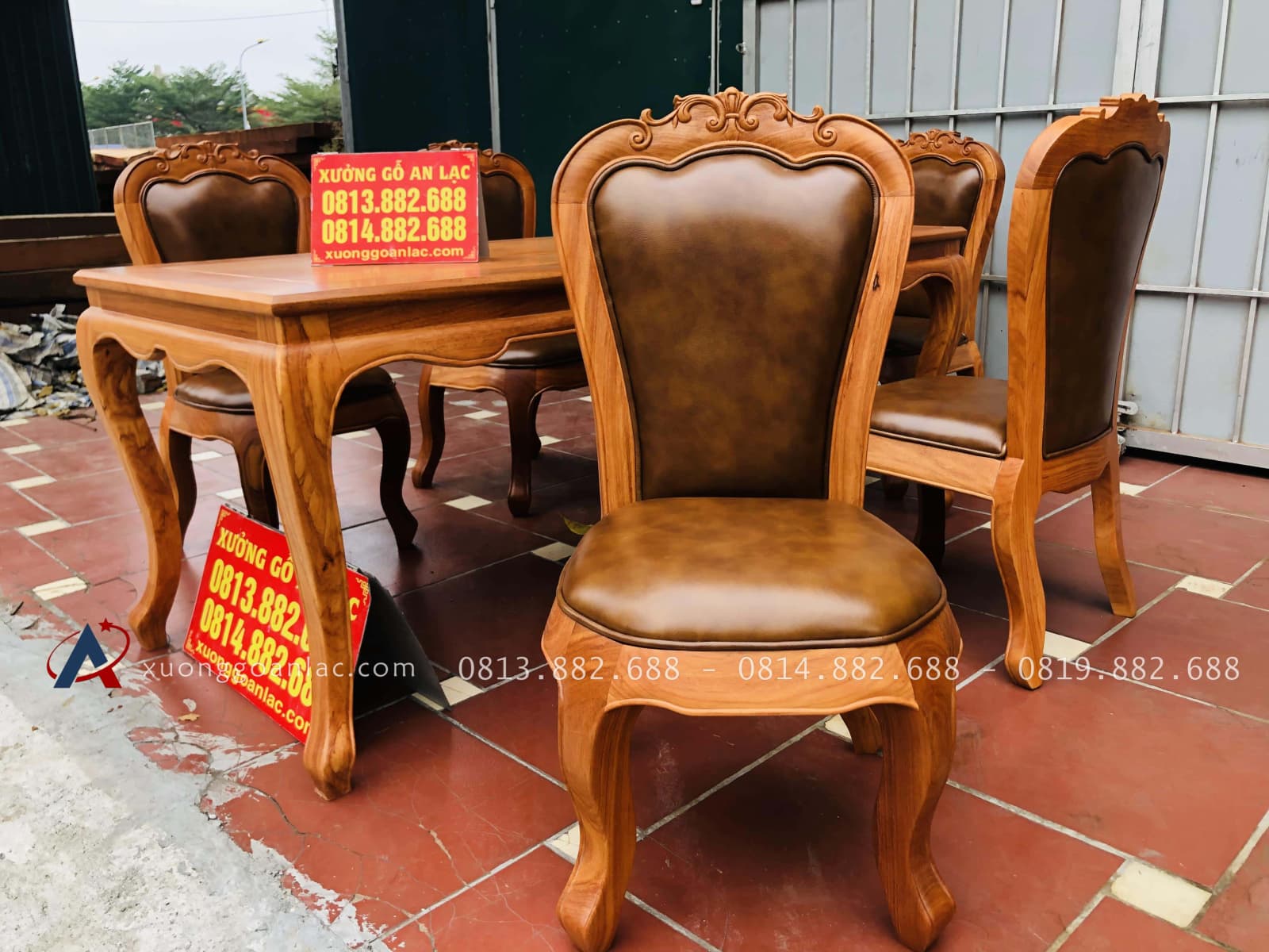 Bộ bàn ăn louis 5 ghế gõ đỏ bọc đệm da bò nhập khẩu Italia (Anh Hải, Ninh Bình) 60 bàn ghế ăn mẫu louis hoàng gia cao cấp