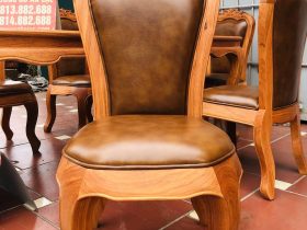 Bộ bàn ăn louis 5 ghế gõ đỏ bọc đệm da bò nhập khẩu Italia (Anh Hải, Ninh Bình) 44 ghế ăn siêu vip gỗ gõ đỏ tự nhiên cao cấp