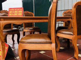 Bộ bàn ăn louis 5 ghế gõ đỏ bọc đệm da bò nhập khẩu Italia (Anh Hải, Ninh Bình) 46 ghế ăn lưng cao