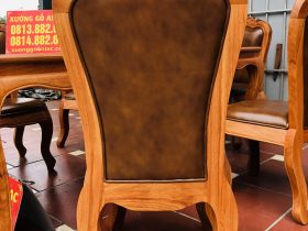 Bộ bàn ăn louis 5 ghế gõ đỏ bọc đệm da bò nhập khẩu Italia (Anh Hải, Ninh Bình) 45 ghế ăn lưng cao bọc da