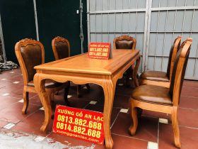 Bộ bàn ăn louis 5 ghế gõ đỏ bọc đệm da bò nhập khẩu Italia (Anh Hải, Ninh Bình) 55 bàn ăn gỗ gõ đỏ cao cấp