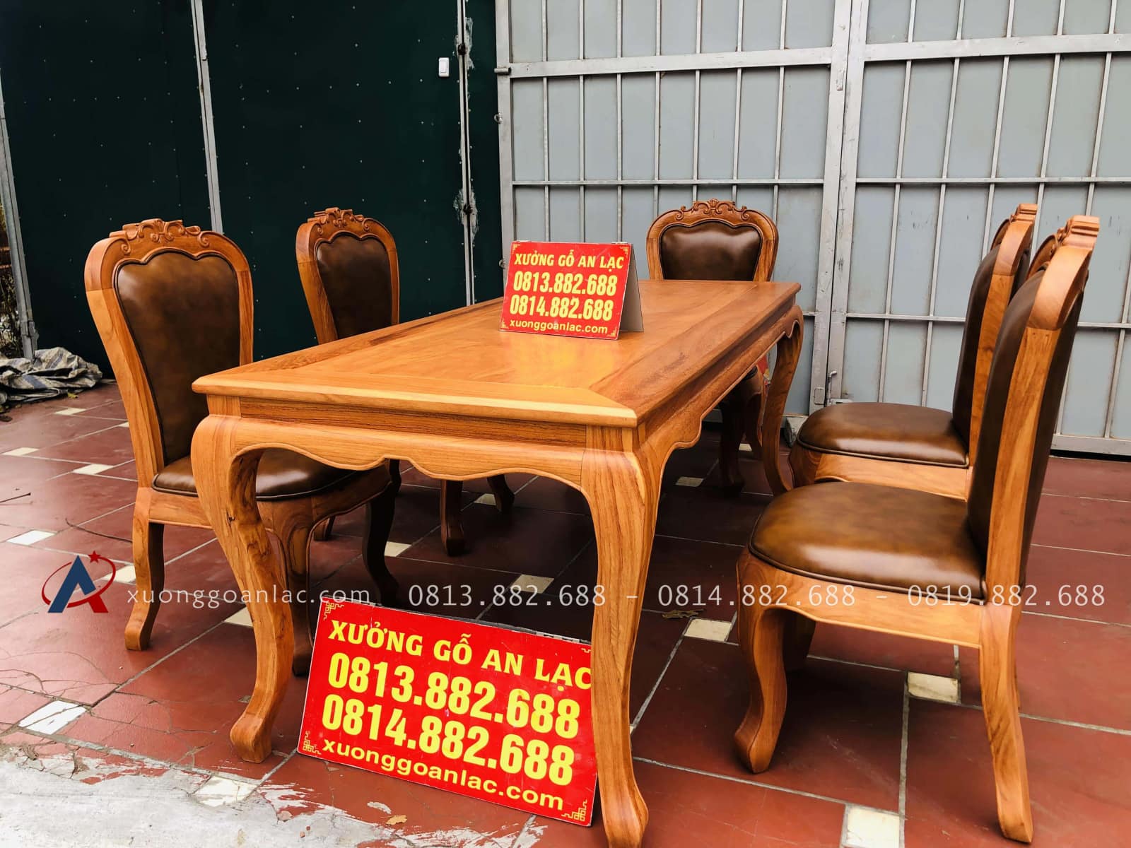 Bộ bàn ăn louis 5 ghế gõ đỏ bọc đệm da bò nhập khẩu Italia (Anh Hải, Ninh Bình) 59 bàn ăn gỗ gõ đỏ cao cấp