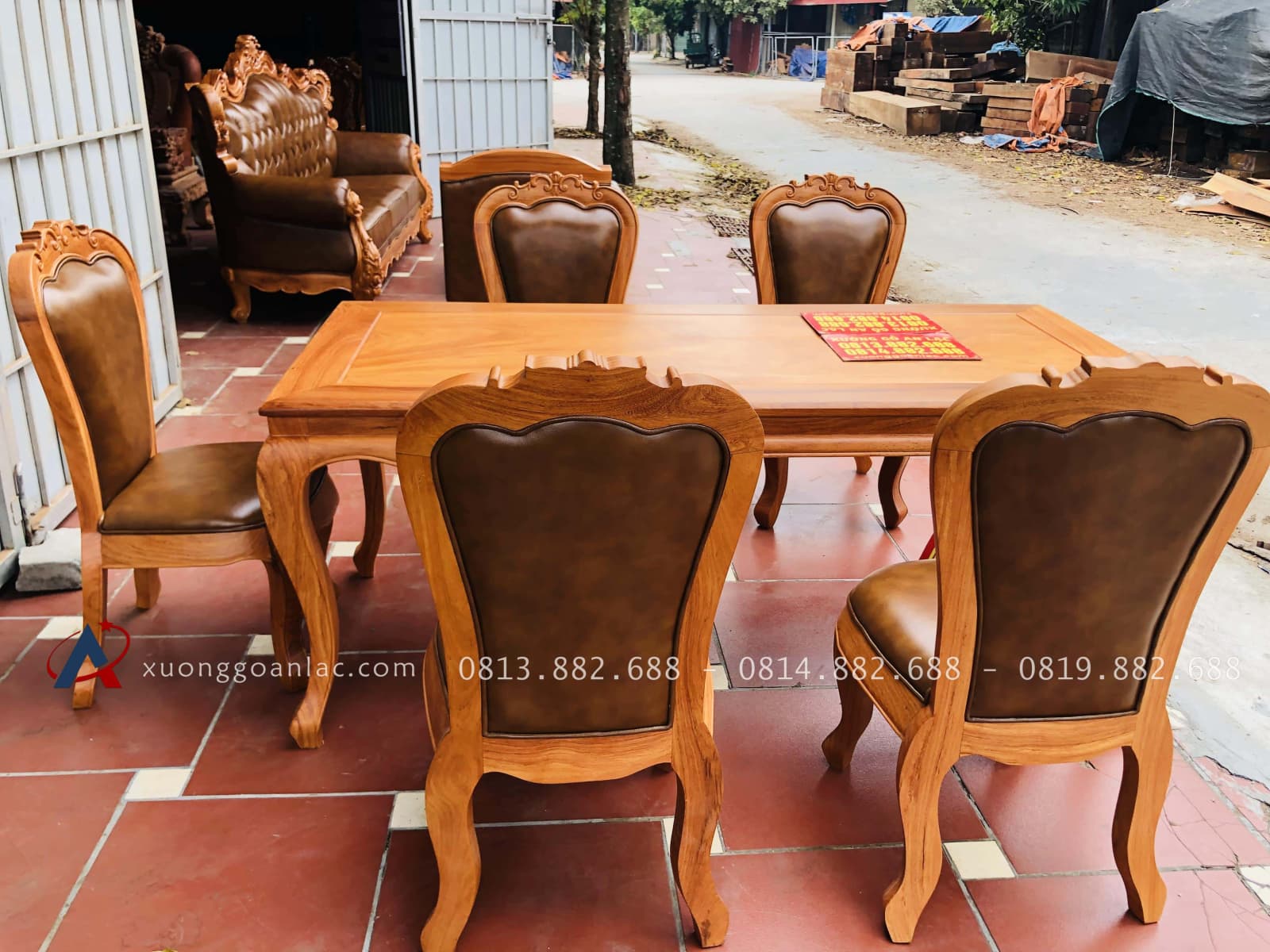 Bộ bàn ăn louis 5 ghế gõ đỏ bọc đệm da bò nhập khẩu Italia (Anh Hải, Ninh Bình) 7 bàn ăn gỗ gõ đỏ ghế bọc da bò nhạp khẩu siêu vip