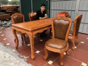 Bộ bàn ăn louis 5 ghế gõ đỏ bọc đệm da bò nhập khẩu Italia (Anh Hải, Ninh Bình) 31 bàn ghế ăn louis gõ gõ đỏ bọc đệm da bò nhập khẩu cao cấp