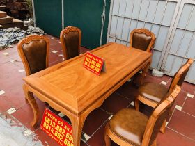 Bộ bàn ăn louis 5 ghế gõ đỏ bọc đệm da bò nhập khẩu Italia (Anh Hải, Ninh Bình) 52 bàn ăn louis gỗ gõ đỏ đẹp nhất 2022