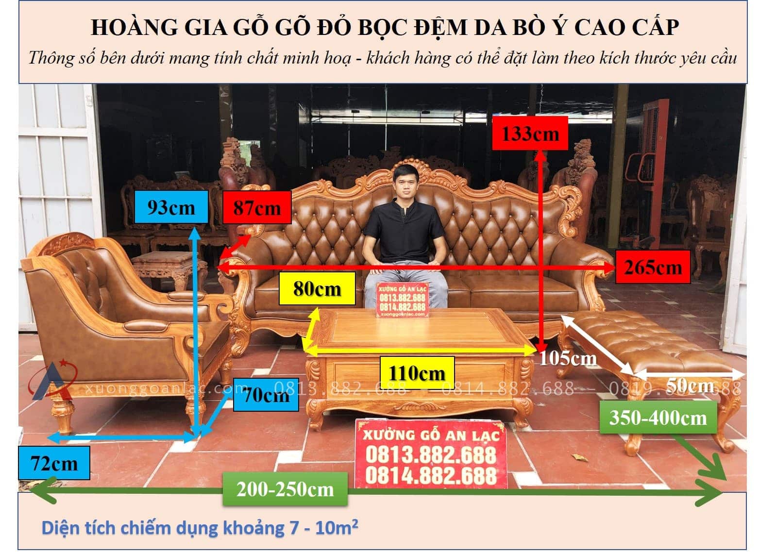 Bộ sofa tân cổ điển Hoàng Gia bọc đệm da bò nhập khẩu Italia (anh Hải, Ninh Bình) 29 Kích thước Bộ sofa tân cổ điển Hoàng Gia bọc đệm da bò nhập khẩu Italia