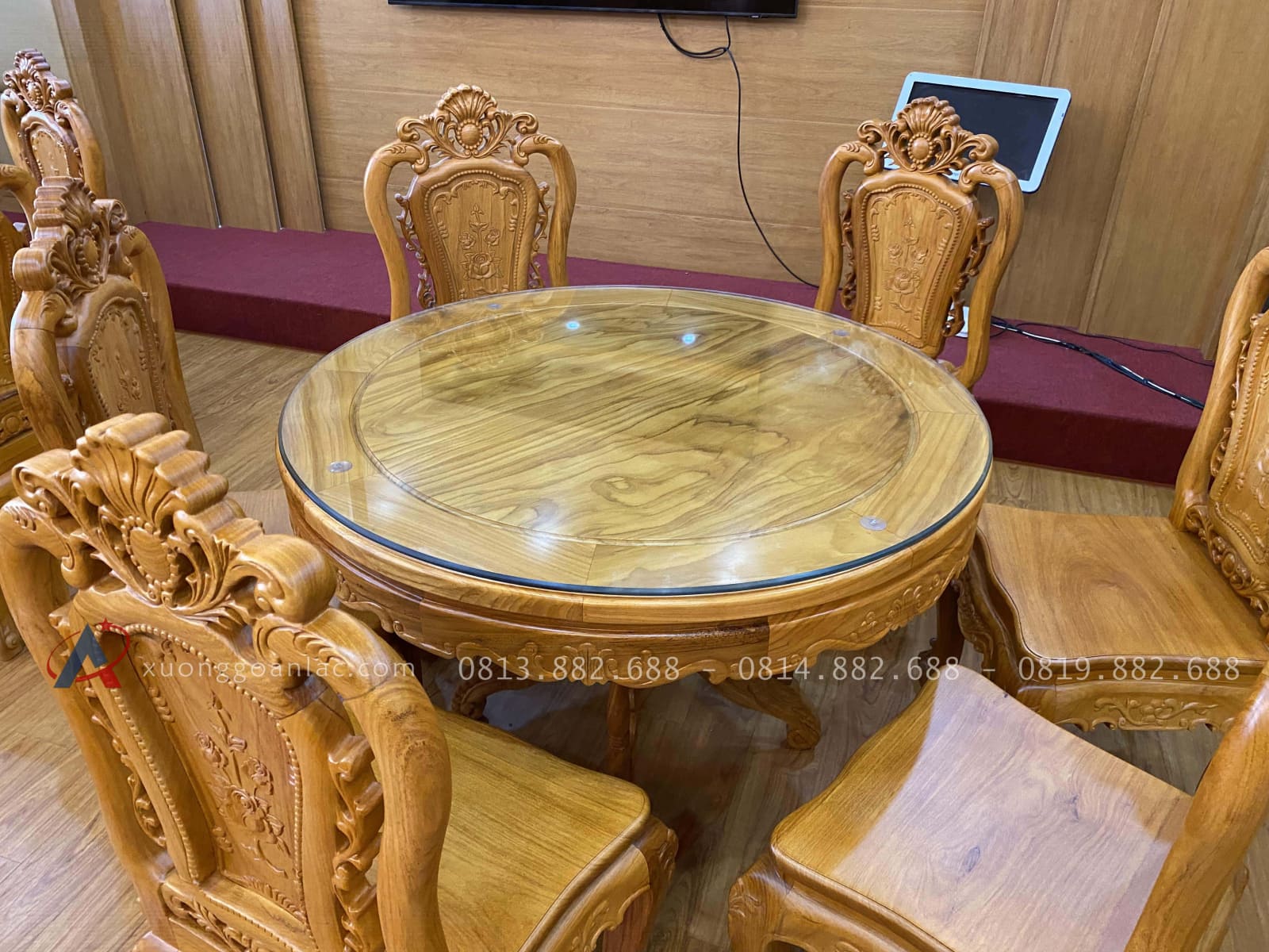 Bộ bàn ăn tròn 6 ghế hồng hạt đục hai mặt gỗ gõ đỏ cao cấp (Anh Công, Thanh Xuân - Hà Nội) 27 bộ bàn ăn 6 ghế gỗ gõ đỏ siêu vip