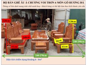 KÍCH THƯỚC BỘ BÀN GHẾ ÂU Á CHƯƠNG VOI TRƠN 6 MÓN GỖ HƯƠNG ĐÁ
